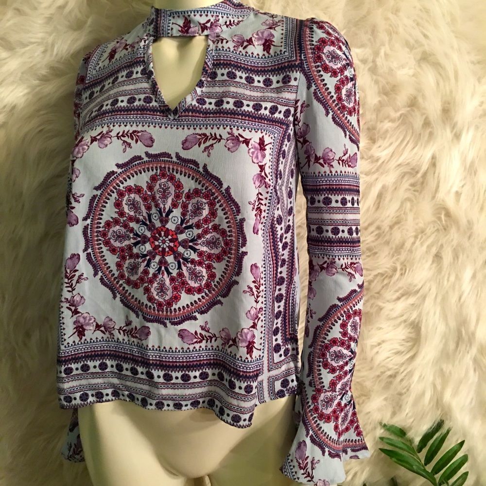 About A Girl White Blouse with Purple and Burgundy Medallion Print